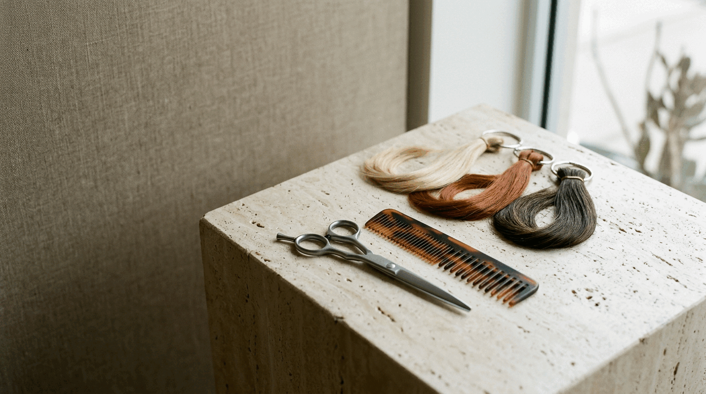 Scissors, a comb and blonde, copper and brunette hair swatches on a travertine plinth